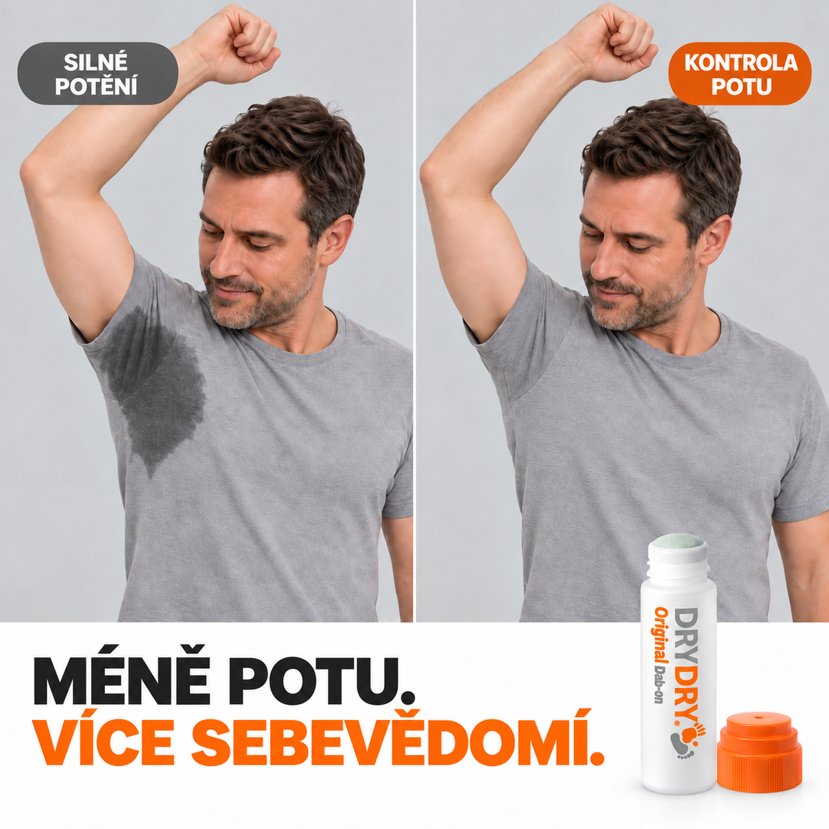 A split comparison graphic showing a man with a wet armpit under a gray 'HEAVY SWEATING' label on the left, and a dry armpit under an orange 'SWEAT CONTROL' label on the right. Below, a white bottle labeled 'DRY DRY Original' with an orange cap is shown against a light gray background with the text 'LESS SWEAT.