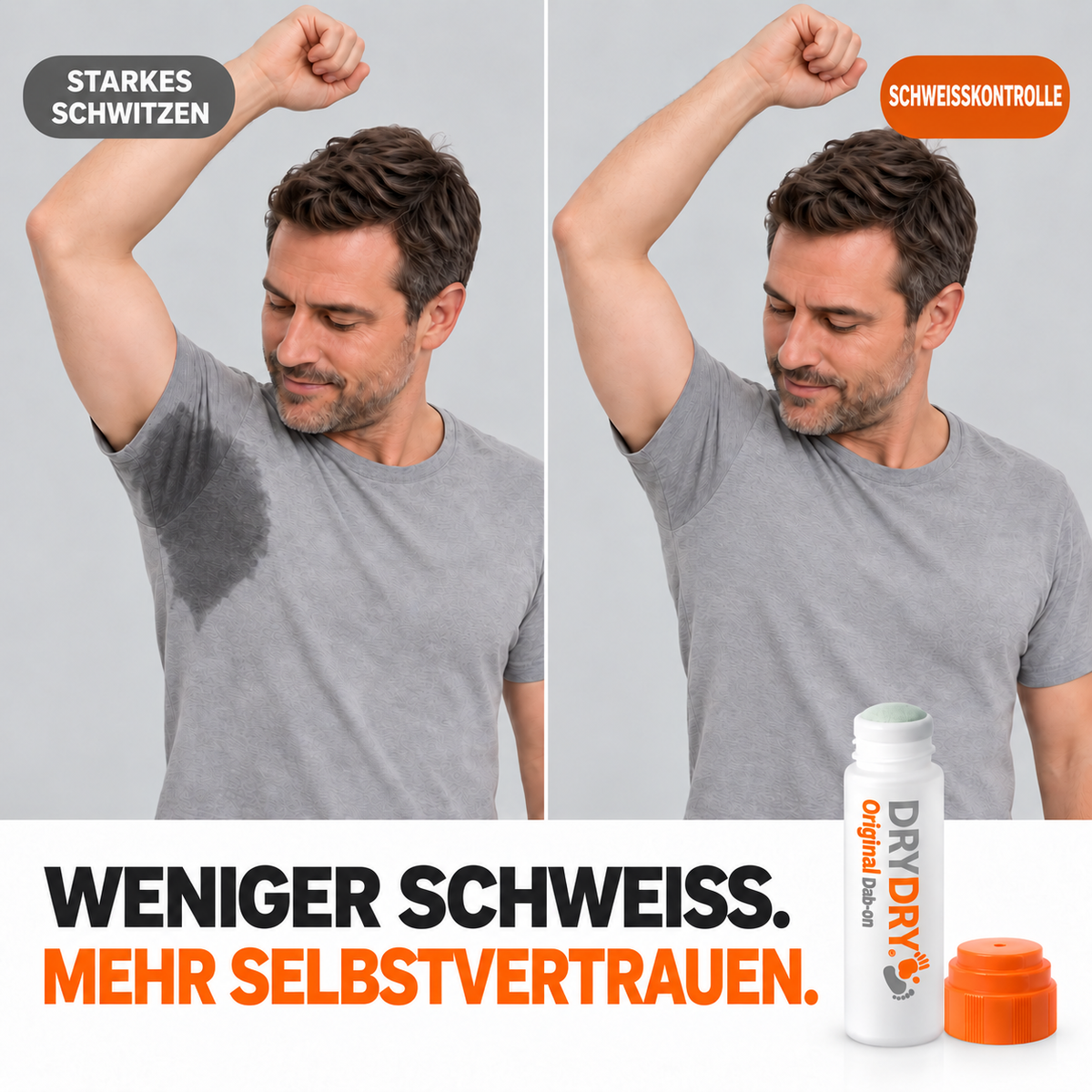 A split comparison graphic showing a man with a wet armpit under a gray 'HEAVY SWEATING' label on the left, and a dry armpit under an orange 'SWEAT CONTROL' label on the right. Below, a white bottle labeled 'DRY DRY Original' with an orange cap is shown against a light gray background with the text 'LESS SWEAT.