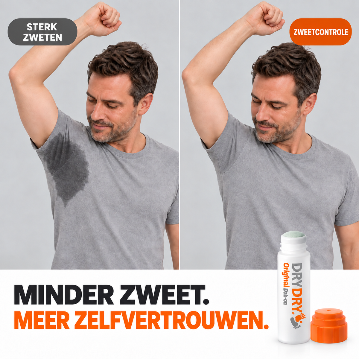 A split comparison graphic showing a man with a wet armpit under a gray 'HEAVY SWEATING' label on the left, and a dry armpit under an orange 'SWEAT CONTROL' label on the right. Below, a white bottle labeled 'DRY DRY Original' with an orange cap is shown against a light gray background with the text 'LESS SWEAT.