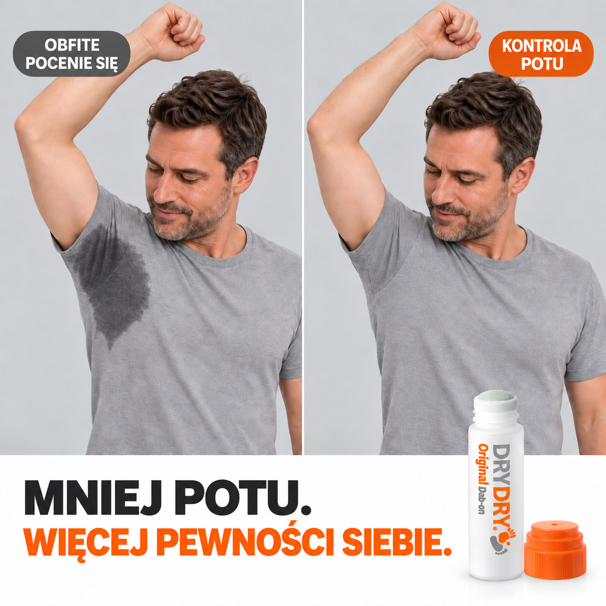 A split comparison graphic showing a man with a wet armpit under a gray 'HEAVY SWEATING' label on the left, and a dry armpit under an orange 'SWEAT CONTROL' label on the right. Below, a white bottle labeled 'DRY DRY Original' with an orange cap is shown against a light gray background with the text 'LESS SWEAT.