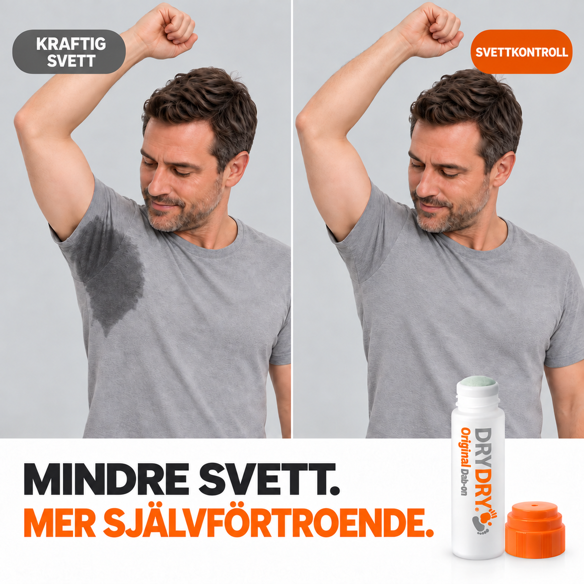 A split comparison graphic showing a man with a wet armpit under a gray 'HEAVY SWEATING' label on the left, and a dry armpit under an orange 'SWEAT CONTROL' label on the right. Below, a white bottle labeled 'DRY DRY Original' with an orange cap is shown against a light gray background with the text 'LESS SWEAT.